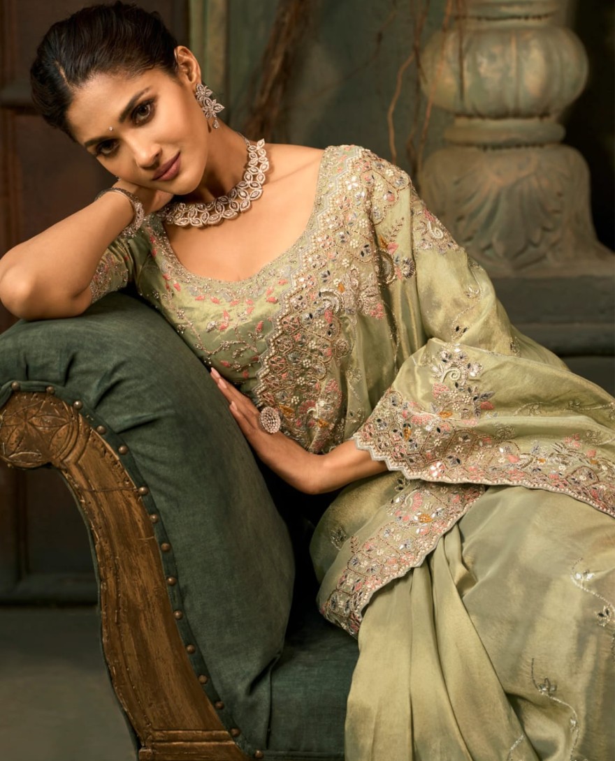 GREEN - Pista Green Embroidered Silk Saree with Heavy Border Matching Blouse